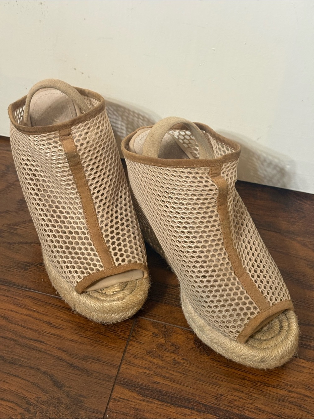 Beige Mesh Espadrille Wedge Sandals - Women